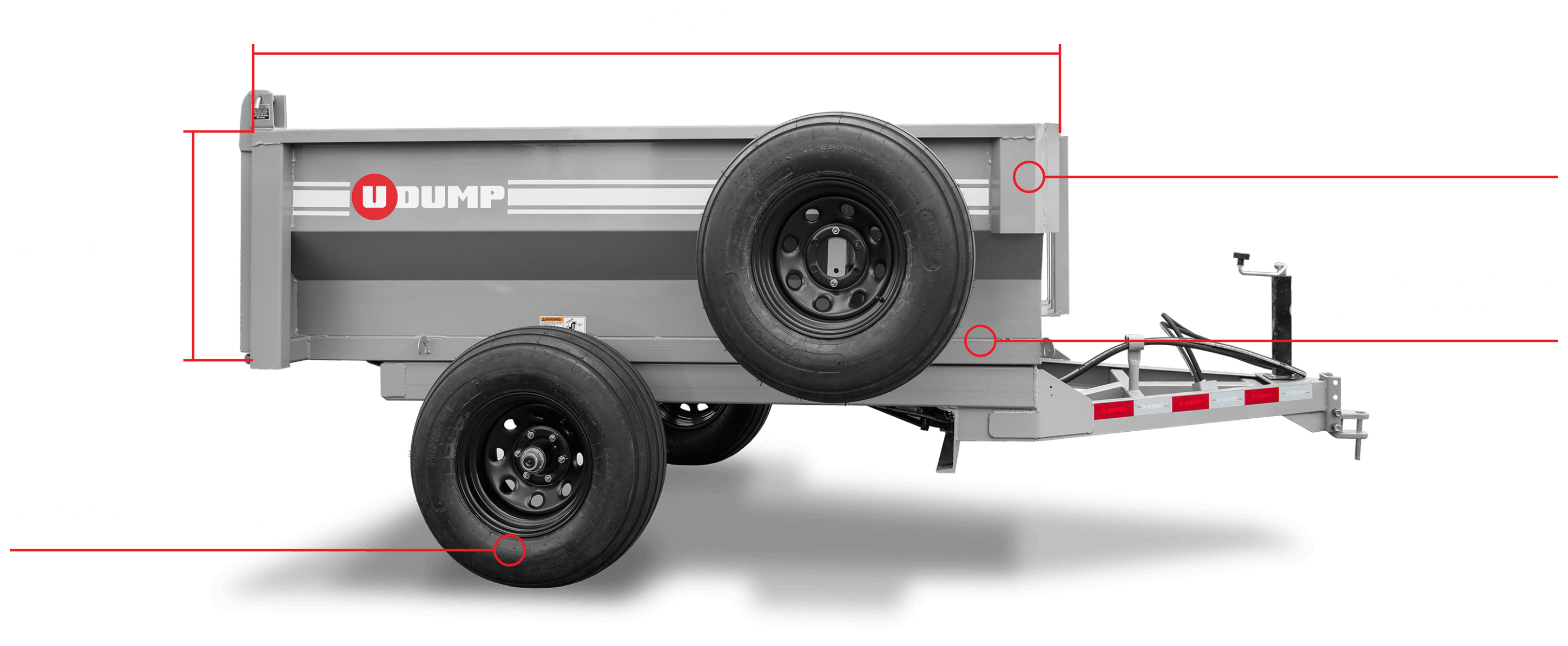 A side view of the Turf-Series Dump Trailer showcases its 8' length, 25" height, powder-coated surface, hydraulic pump and power unit, and flotation tires sized 11L15.