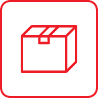 Red square icon with a line drawing of a closed cardboard box.