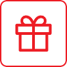 Icon of a red gift box with a bow on a black background, enclosed in a thin red square border.