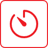 Red icon of a stopwatch with minute and hour hand represented, enclosed in a square.