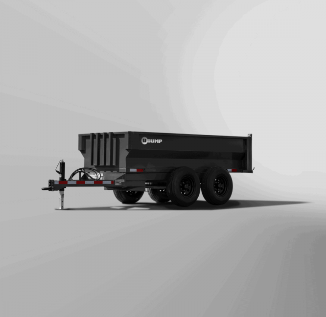 The Turf-Series Dump Trailer, in black with a twin-axle and tongued hitch, is shown against a plain white background.