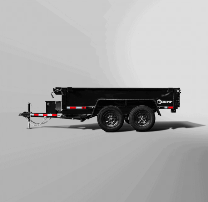 Pro-Lite Low-Profile Dump Trailer with dual axles, hitch, and reflective red and white stripes on a plain gray background.