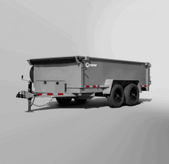 A Pro-Lite Low-Profile Dump Trailer, featuring a gray build with a black tarp cover, dual wheels, and a hitch, is showcased in a studio setting against a plain background.