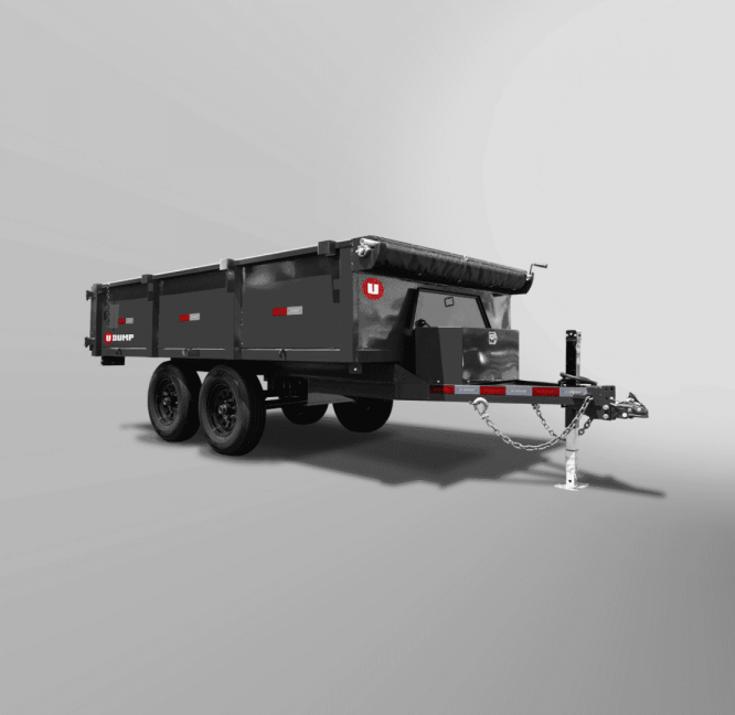 Pro-Heavy Low-Profile Dump Trailer featuring dual axles, towing hitch, and side rails against a gray background.