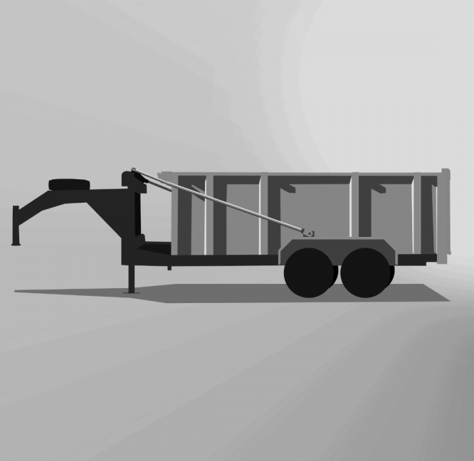 A monochrome, minimalist animation showcases the Pro-Heavy Gooseneck Dump Trailer's mechanical legs extending and retracting, lifting and lowering its container.