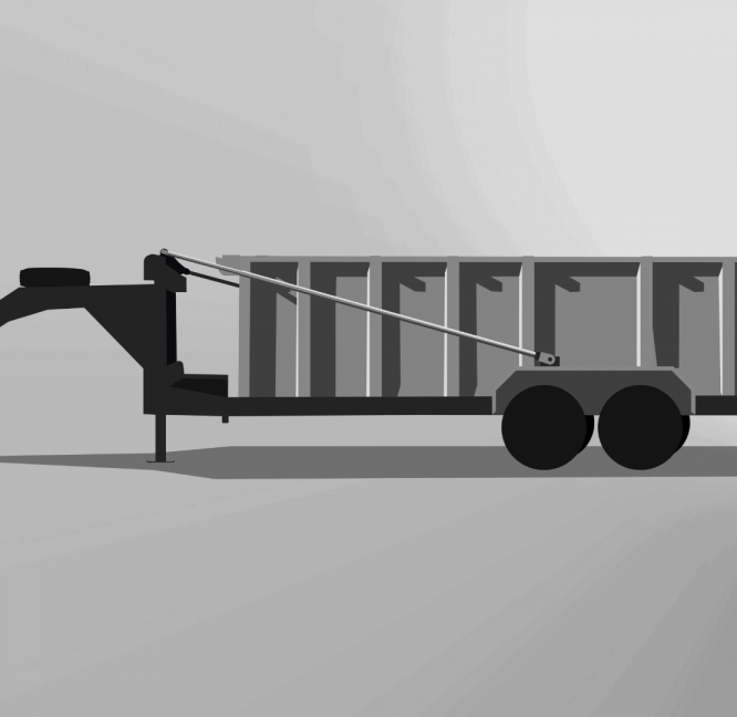 Illustration of a side view of the Pro-Heavy Gooseneck Dump Trailer with a dumping mechanism in grayscale.