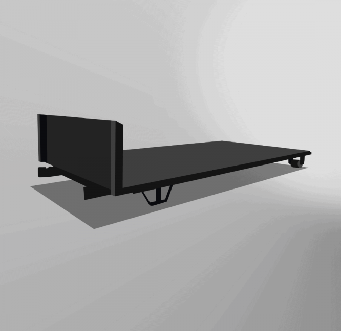 A black Roll-Off Flatbed with a minimalist headboard, shown without a mattress on a grey background.