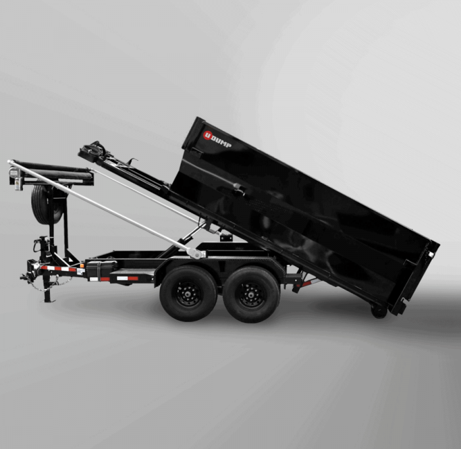 Bumper-Pull Roll-Off Dump Trailer featuring dual wheels and an elevated bed on a gray background.