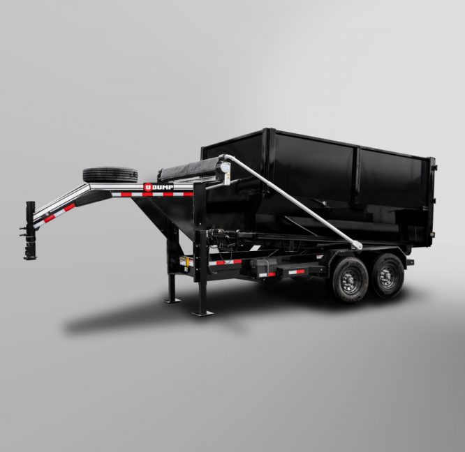 The Gooseneck Roll-Off Dump Trailer, featuring a black dual-axle design with a raised bed and gooseneck hitch, is displayed against a plain gray background.